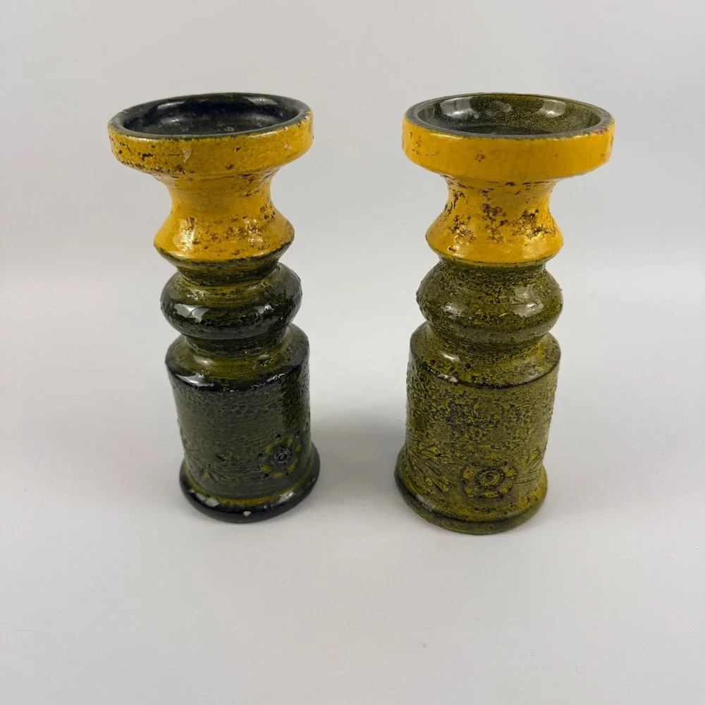 Bitossi Rosenthal Netter Italian Pottery Candle Holders Green Yellow Pair